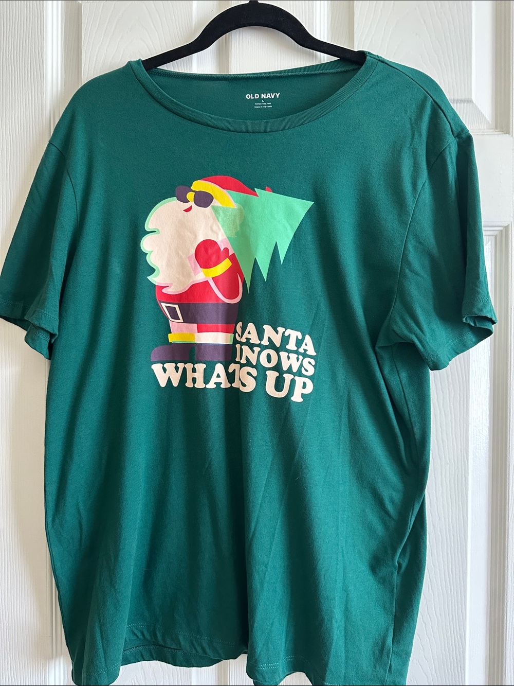 Old Navy Green Short-Sleeve Tee with Colorful Santa Graphic